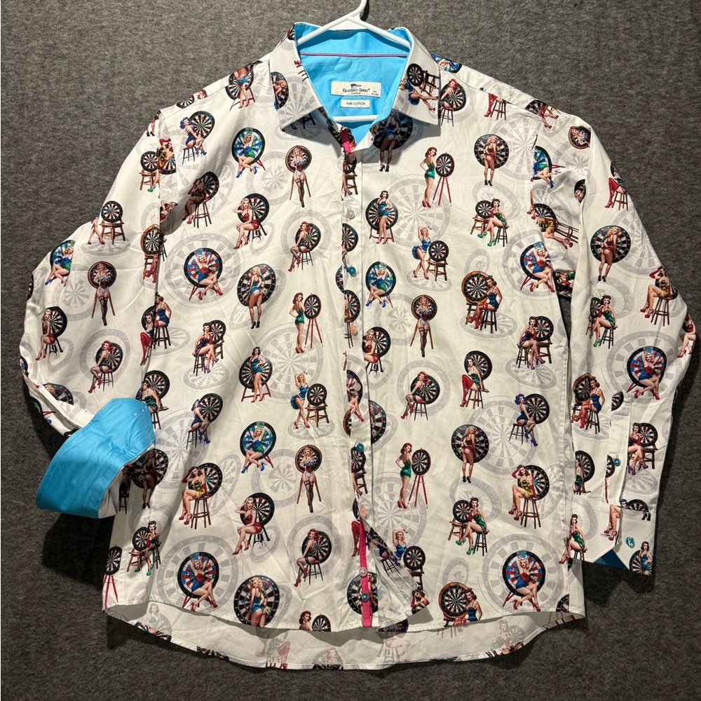 Claudio Lugli Dartboard Pinup Print Shirt Mens 3xl (May Run Small) White Button View 2
